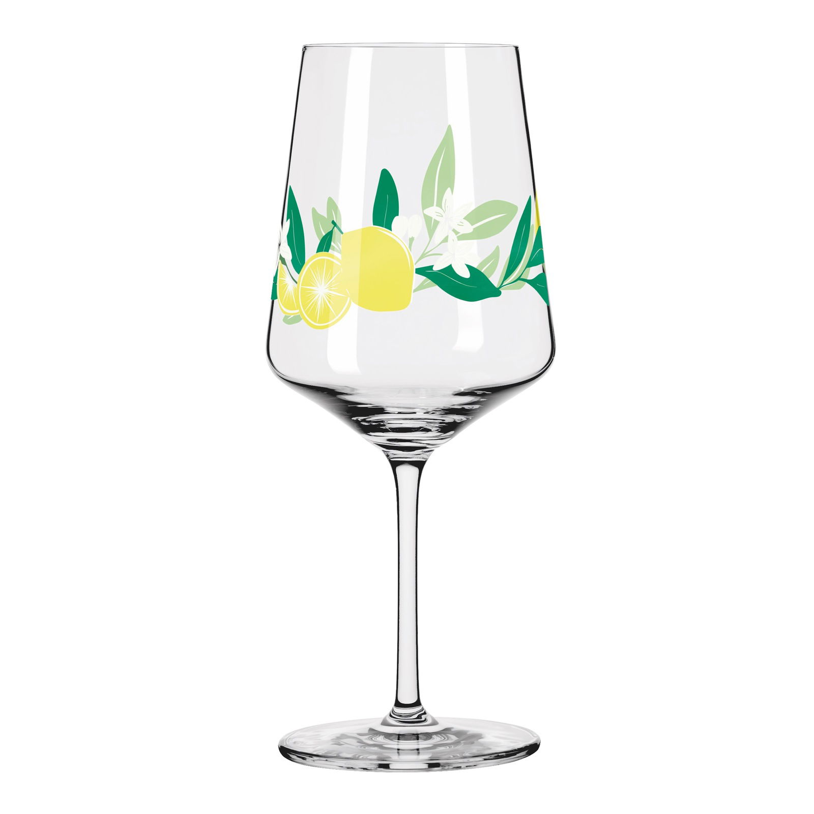 Weinglas mit Zitronen- und Blätterdesign, seitliche Perspektive
