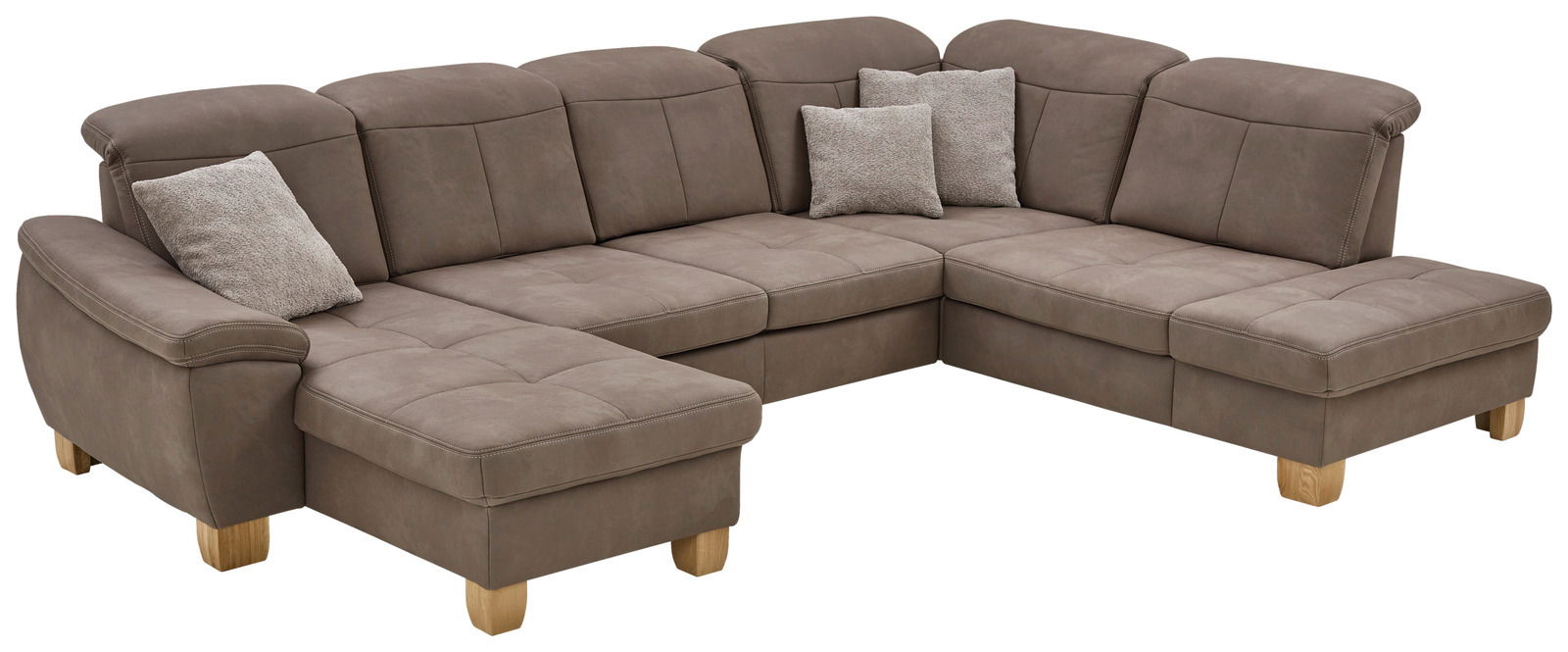 Braune Polsterrundecke mit Holzfüßen und drei Kissen, Perspektive von vorne links