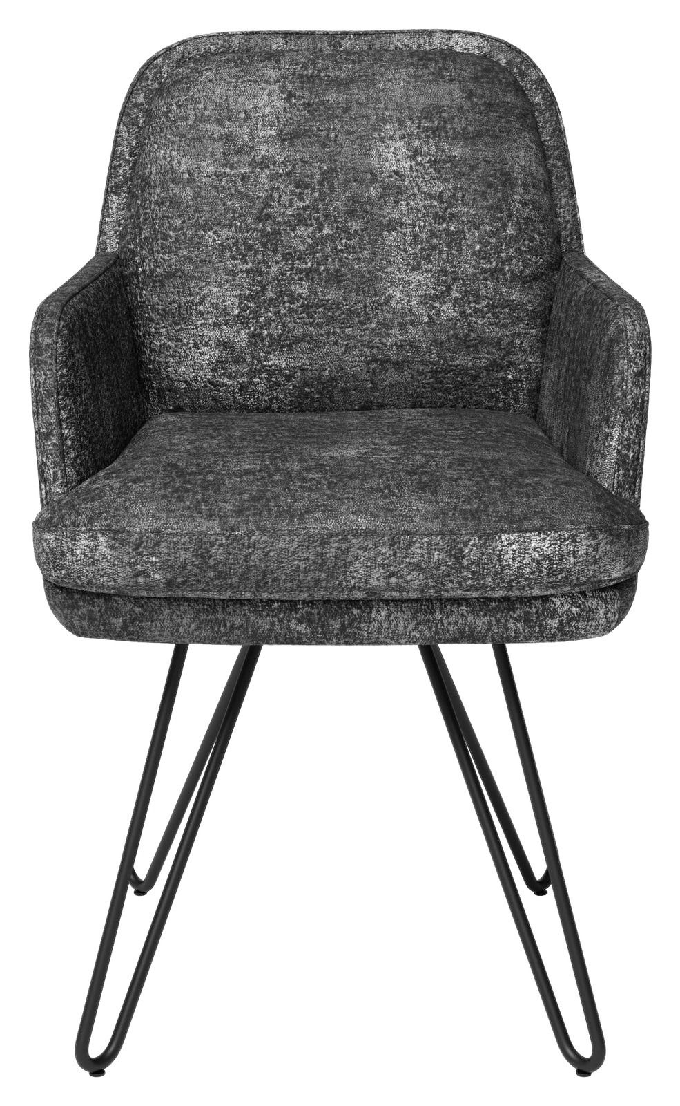 Grauer Armlehnstuhl mit Metallbeinen, Vorderansicht