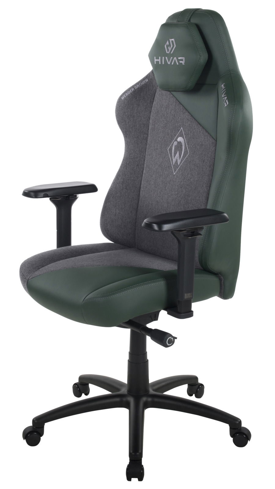Gaming Stuhl in Grün und Grau mit Werder Bremen Logo, seitliche Perspektive