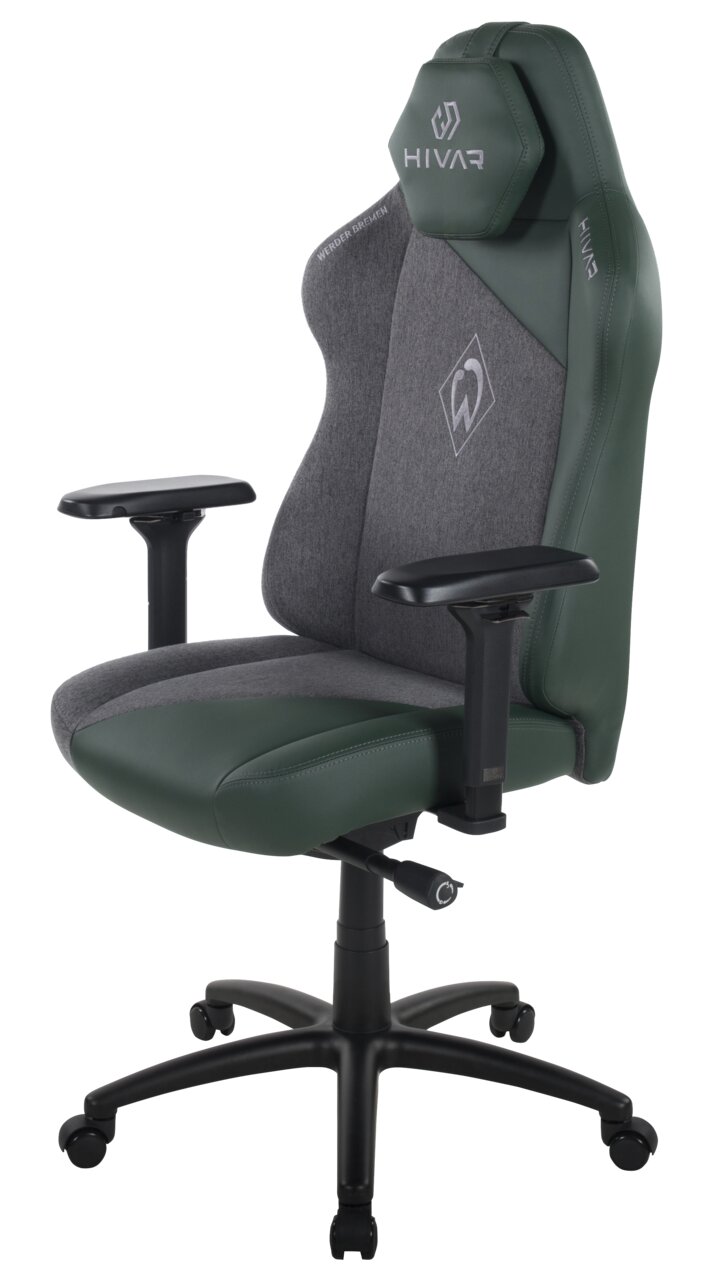 Gaming Stuhl in Grün und Grau mit Werder Bremen Logo, seitliche Perspektive