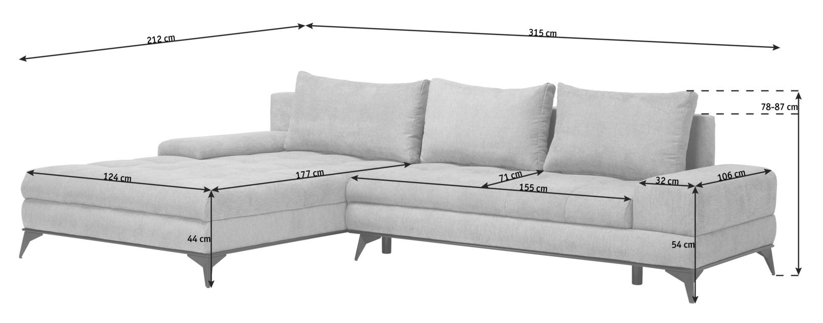 Rundecke OttliZ2 FIGARO in seitlicher Perspektive mit detaillierten Maßen, hellgrauer Stoffbezug, moderne Metallfüße.
