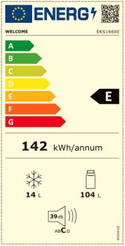 Energie-efficiëntielabel voor een keukenapparaat met klasse E, 142 kWh per jaar, 14 liter vriesvak, 104 liter koelvak, geluidsniveau 39 dB. Vooraanzicht.