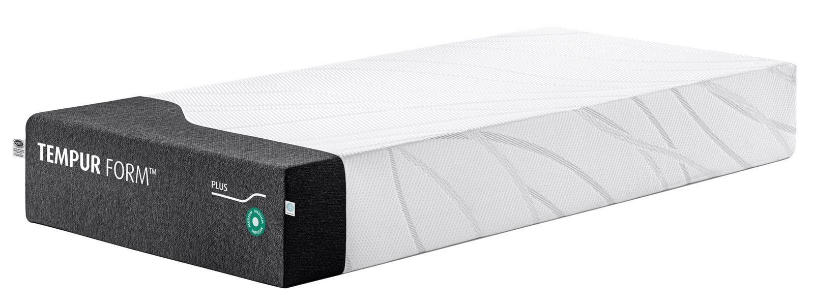 Tempur Viscomatratze 90x210 medium FORM PLUS MEDIUM Viscomatratze 90x210 medium in seitlicher Perspektive mit grauem und weißem Bezug, Markenname TEMPUR FORM sichtbar.