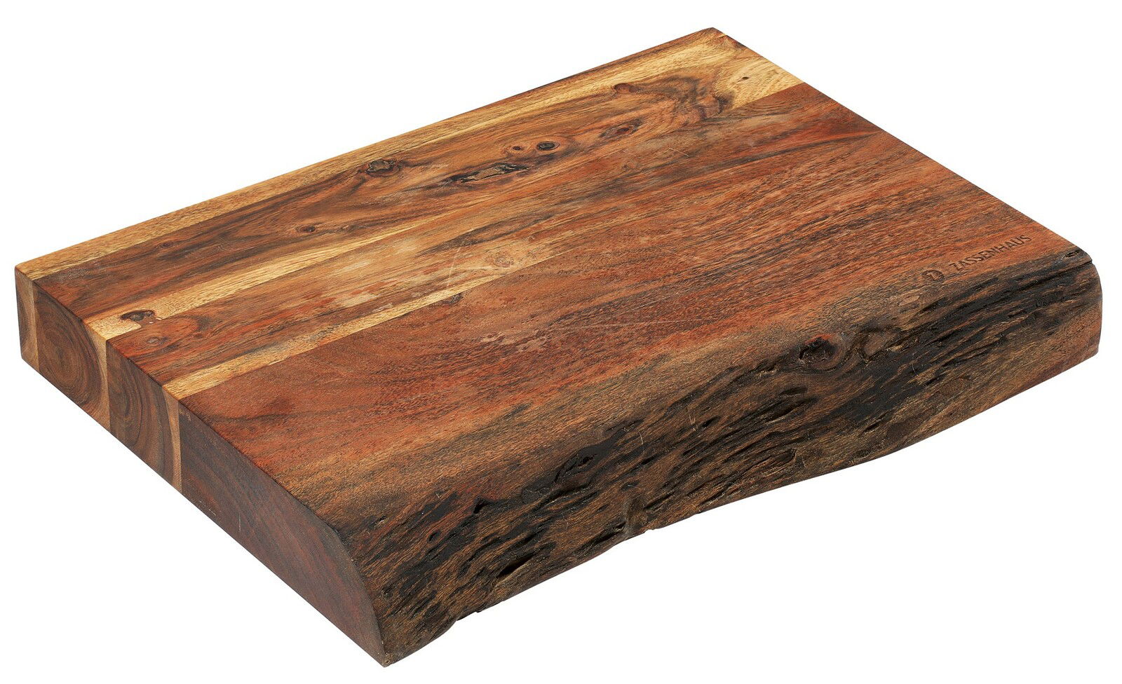 Hackblock aus Akazienholz mit natürlicher Maserung, perspektivisch von oben und der Seite fotografiert.