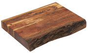 Hackblock aus Akazienholz mit natürlicher Maserung, perspektivisch von oben und der Seite fotografiert.