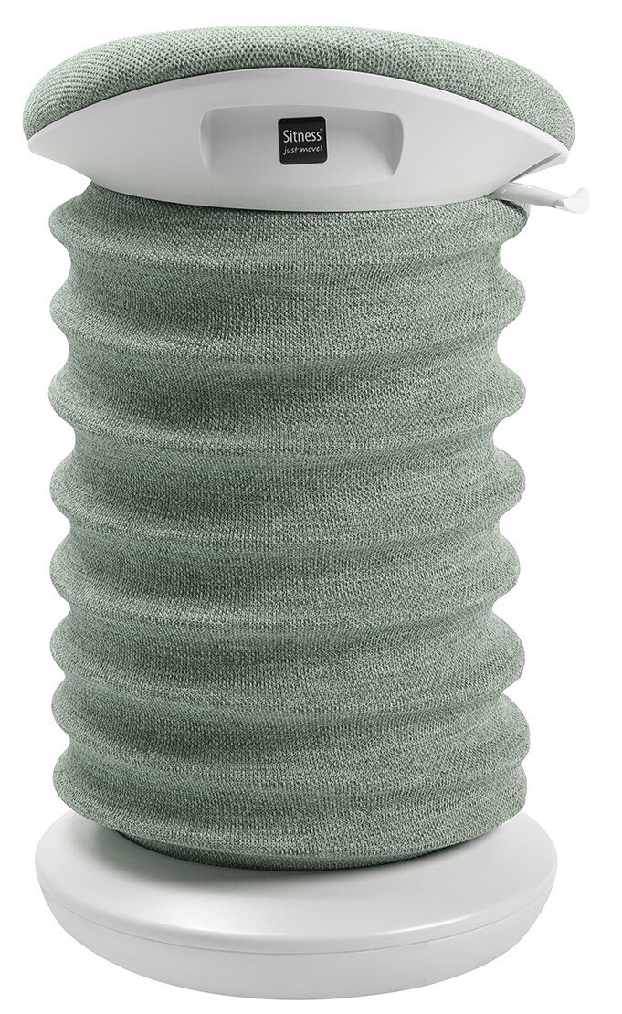 Actieve stoel in grijze kleur, zijaanzicht, met golvende stoffen bekleding en stevig onderstel.