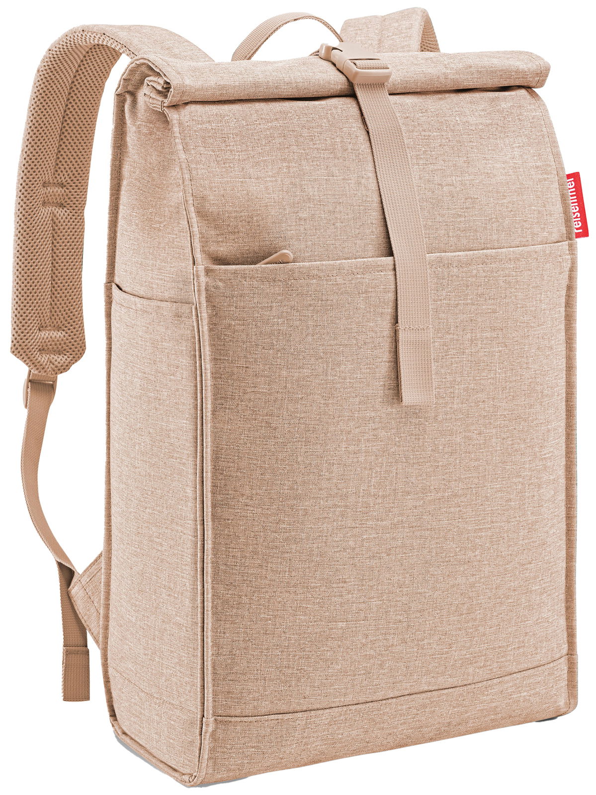 Beiger urbaner Rolltop-Rucksack aus Stoff, seitliche Perspektive
