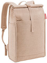 Beiger urbaner Rolltop-Rucksack aus Stoff, seitliche Perspektive