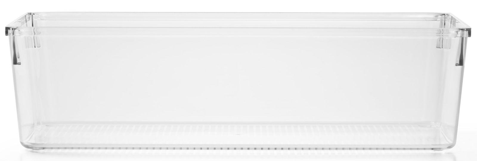 Transparente Kunststoffbox, rechteckig, frontal fotografiert, ideal zur Aufbewahrung von Gegenständen.