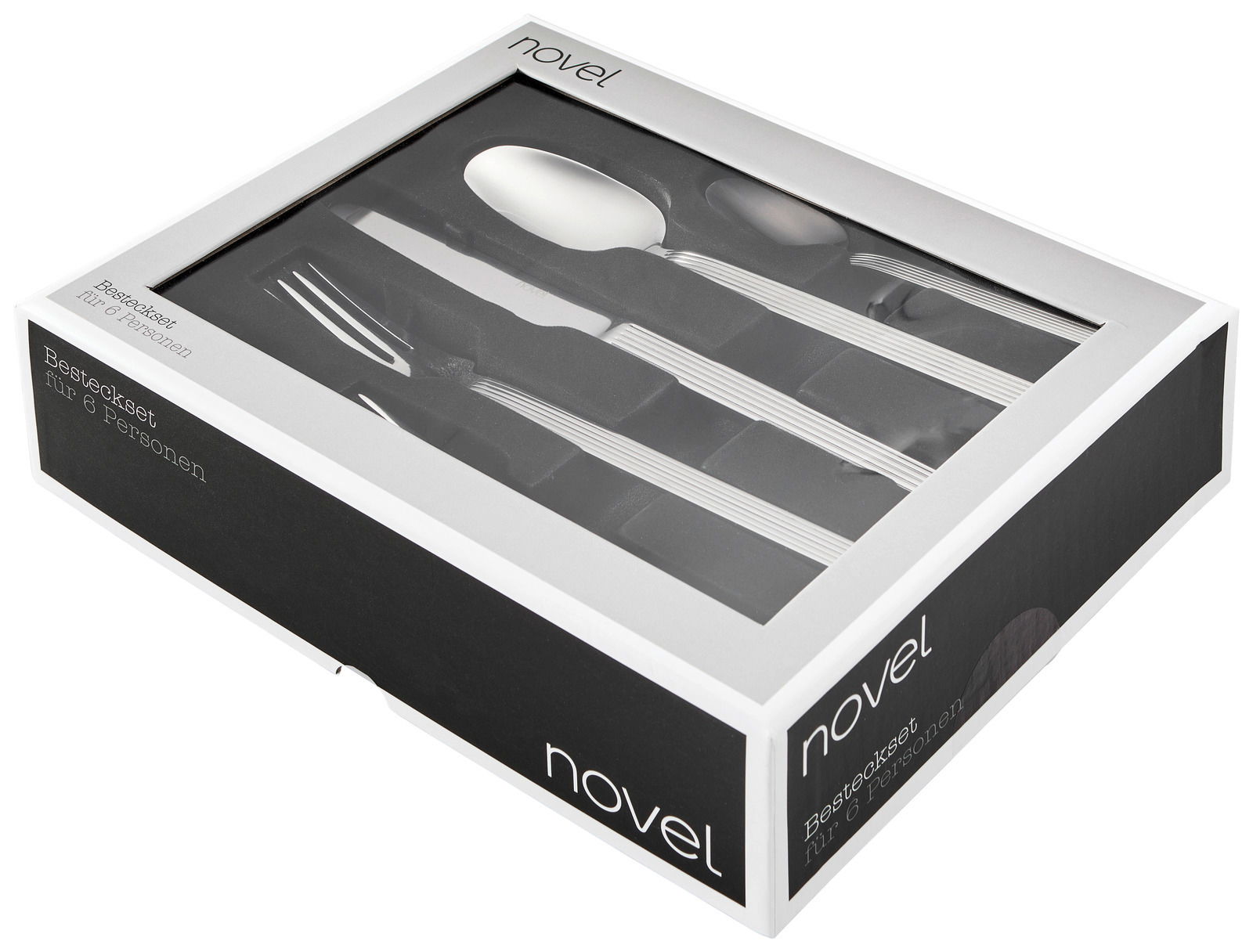 Besteckset für 6 Personen in einer eleganten Verpackung, Perspektive von schräg oben