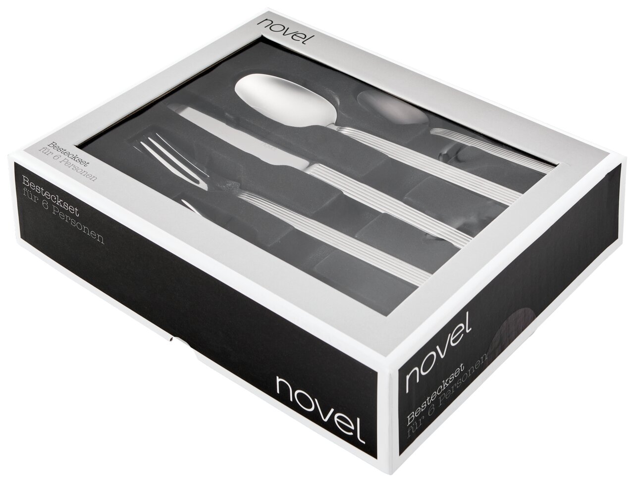 Besteckset für 6 Personen in einer eleganten Verpackung, Perspektive von schräg oben