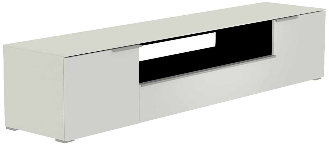 Weißes XL TV-Lowboard mit modernem Design, seitlicher Perspektive