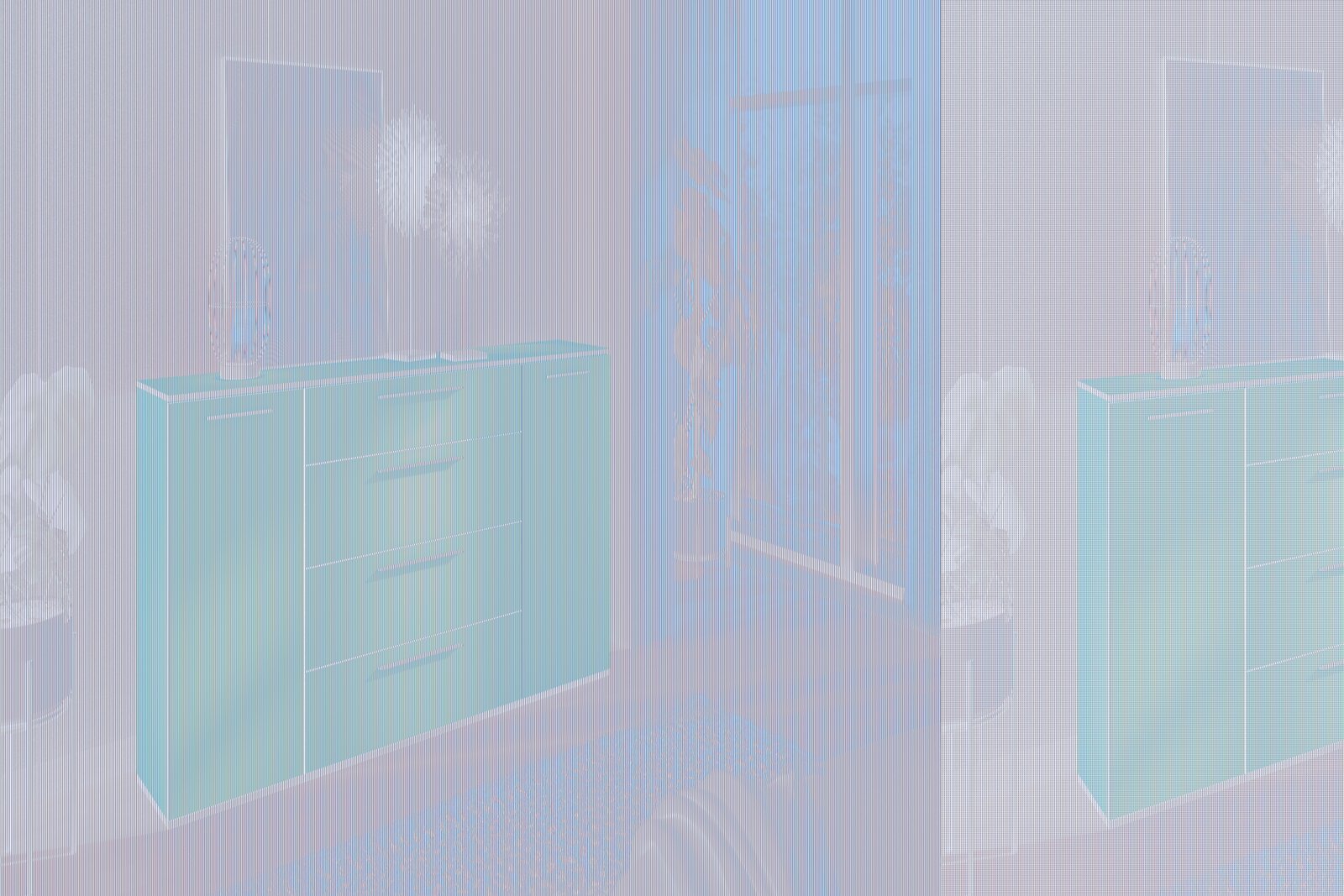 Modernes Sideboard in einem hellen Raum mit Pflanzen und großen Fenstern, seitliche Perspektive