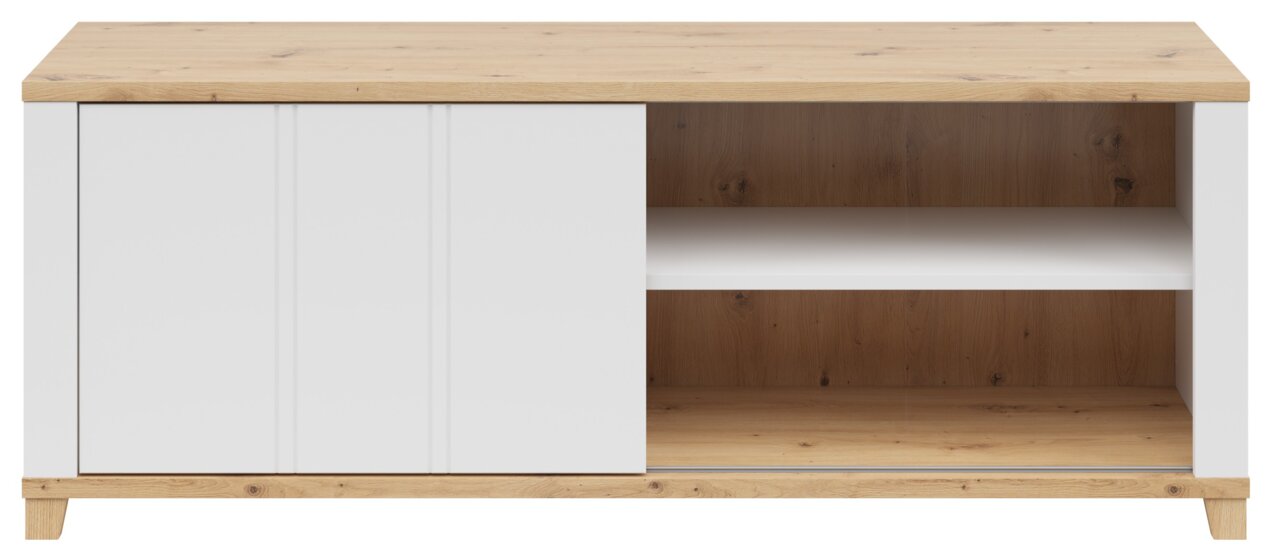 Frontansicht einer 1-türigen Kommode mit weißer Tür und Holzoptik.