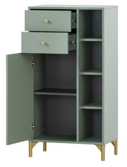 Grünes Highboard mit offenen Schubladen und Türen, goldene Griffe und Beine, Perspektive von vorne