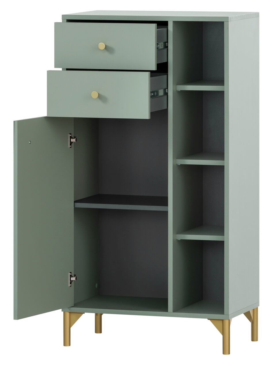 Stylife Highboard ANDO Grünes Highboard mit offenen Schubladen und Türen, goldene Griffe und Beine, Perspektive von vorne
