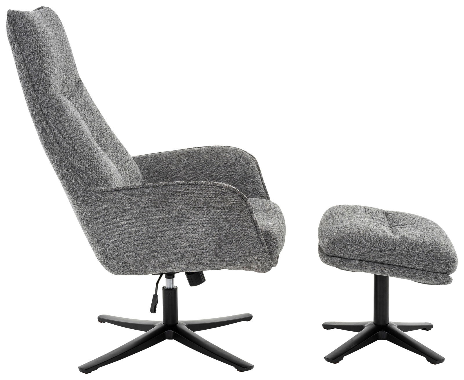 Grauer Relaxsessel mit passendem Hocker, seitliche Perspektive