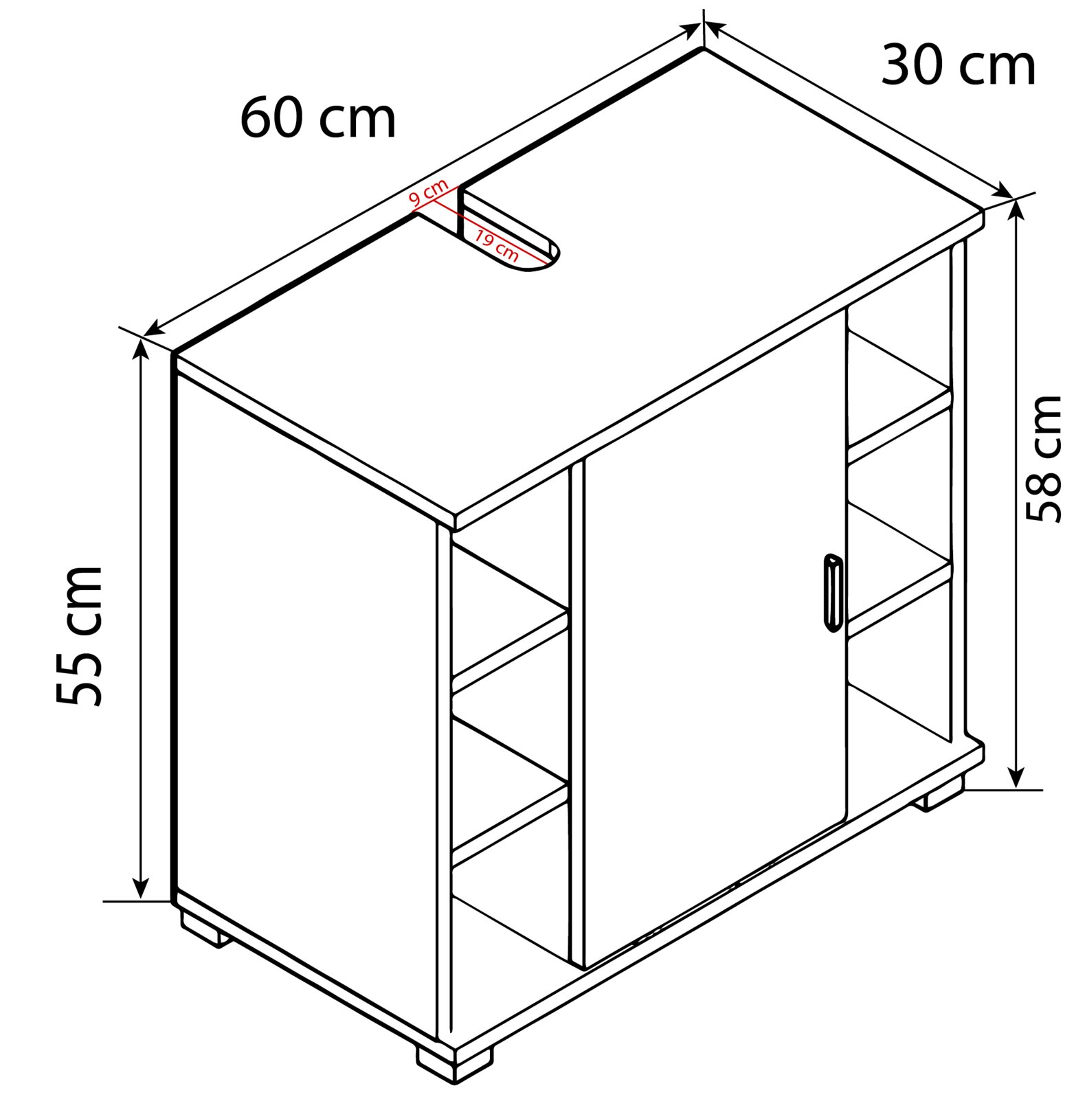 Technische isometrische Ansicht schräg von oben auf einen kompakten Unterschrank/Beistellschrank mit Tür und Seitenregalen, Maße ca. 60 × 30 × 58 cm, mit Griffaussparung oben (ca. 19 × 9 cm).
