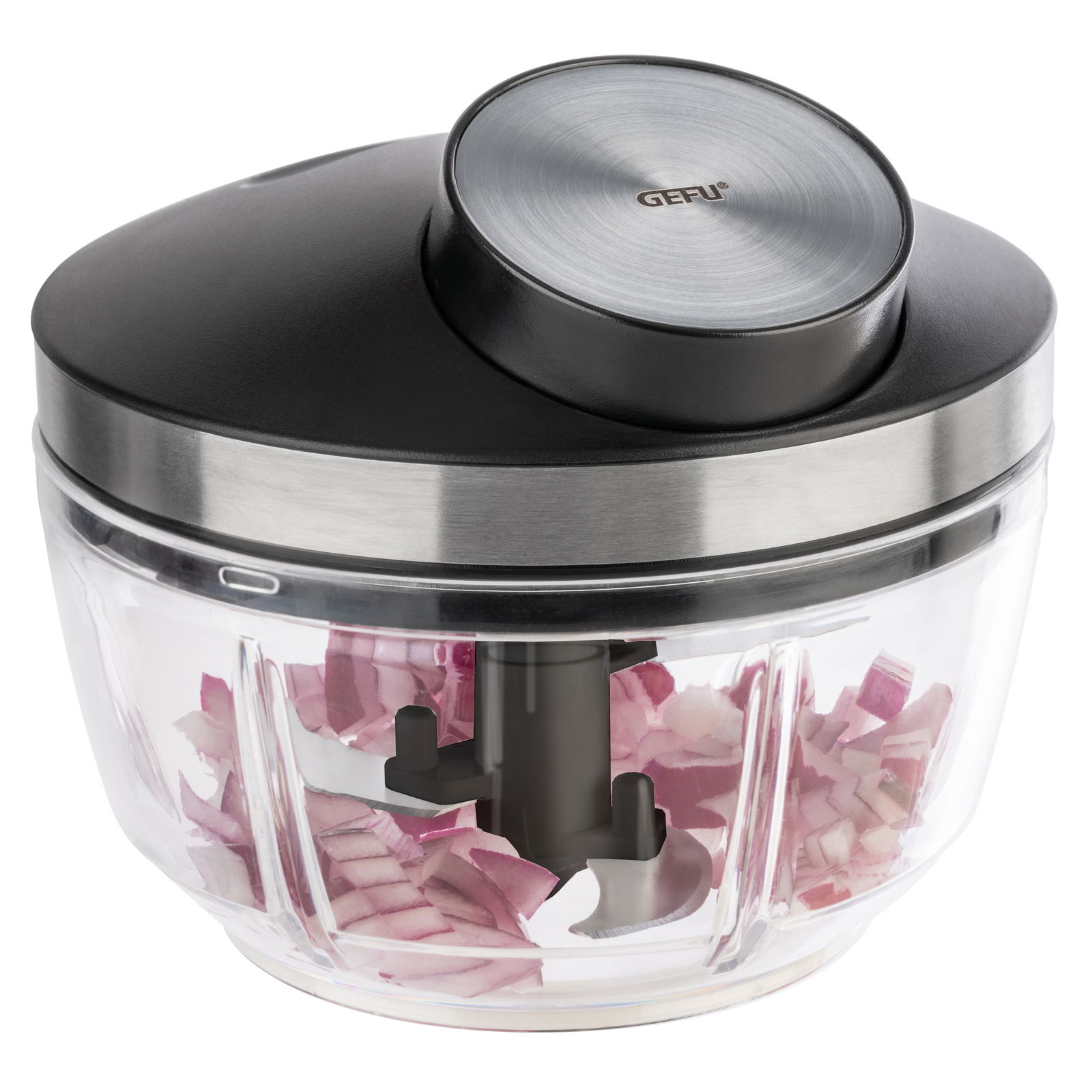 Multizerkleinerer ZIZO mit schwarzem Deckel und transparentem Behälter, gefüllt mit gehackten Zwiebeln, aus seitlicher Perspektive