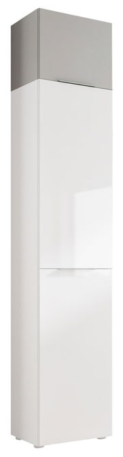 Hochschrank in Weiß mit grauem Aufsatz, frontal betrachtet