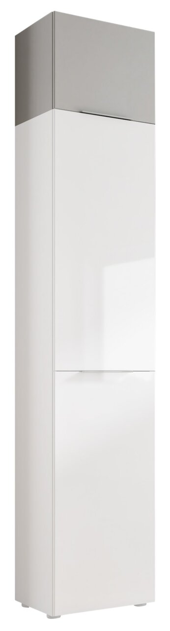 Hochschrank in Weiß mit grauem Aufsatz, frontal betrachtet