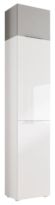 Hochschrank in Weiß mit grauem Aufsatz, frontal betrachtet