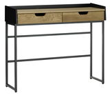 Schreibtisch mit zwei Schubladen aus Holz und Metallgestell, seitliche Perspektive