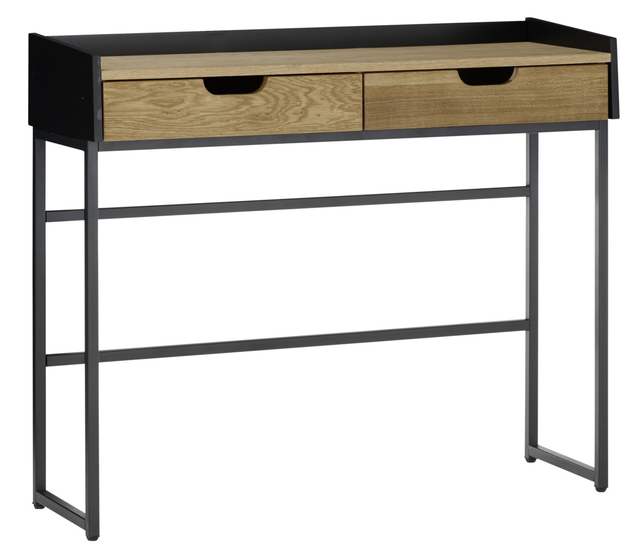 Schreibtisch mit zwei Schubladen aus Holz und Metallgestell, seitliche Perspektive