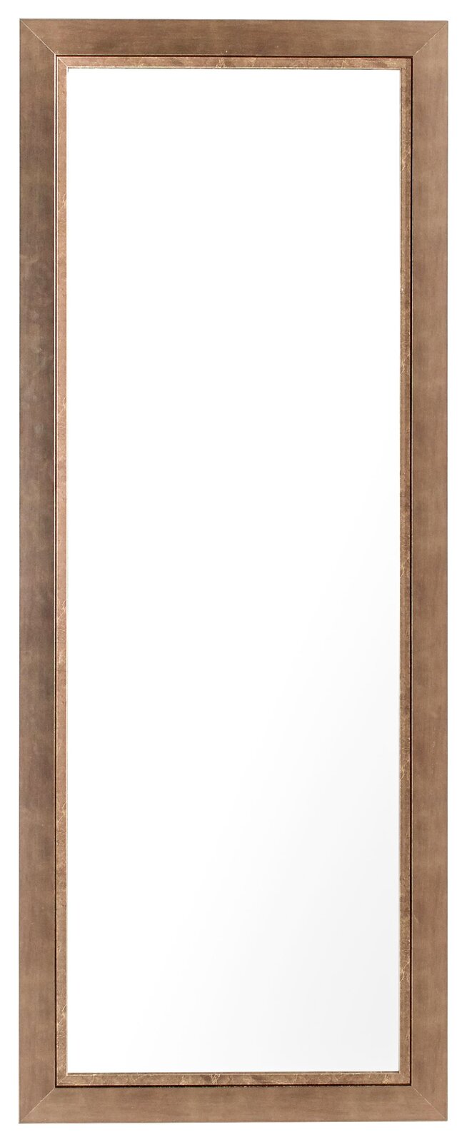 Großer rechteckiger Spiegel mit braunem Holzrahmen, frontal fotografiert.
