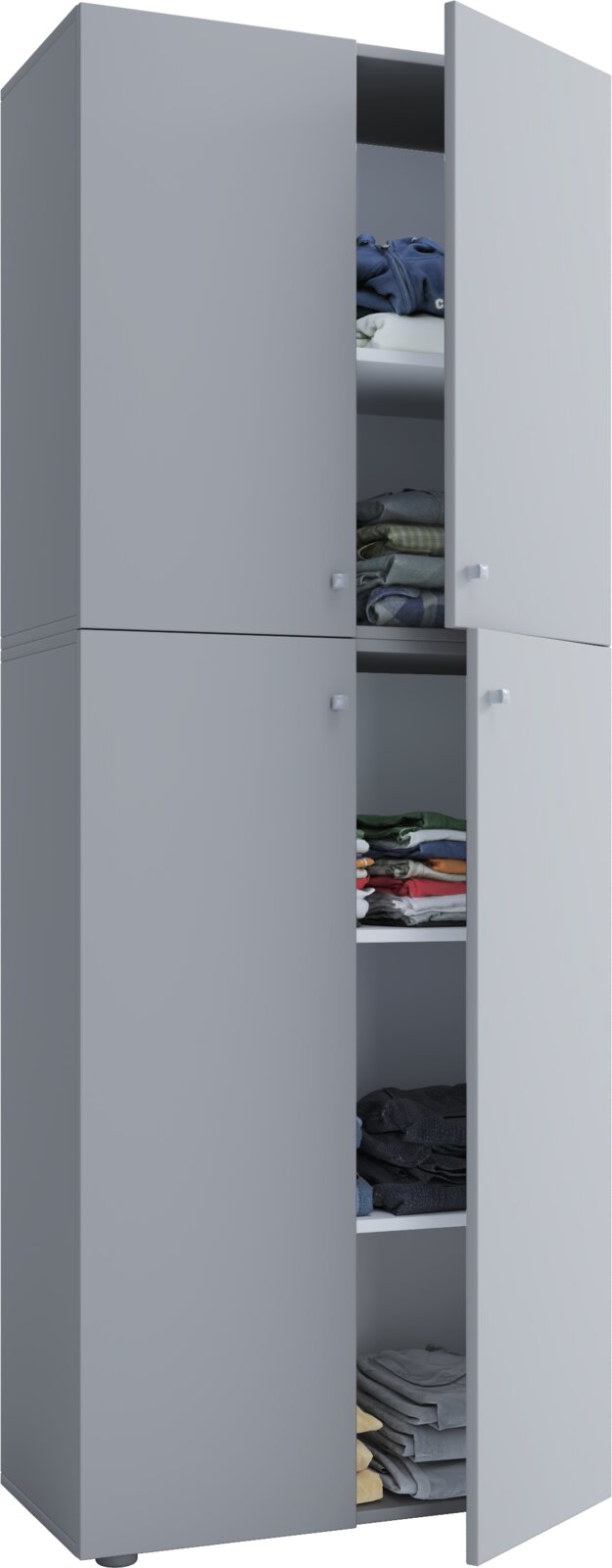 Grauer Kleiderschrank mit vier Türen, eine Tür geöffnet mit sichtbaren Regalböden und gefalteter Kleidung, Ansicht schräg von vorn