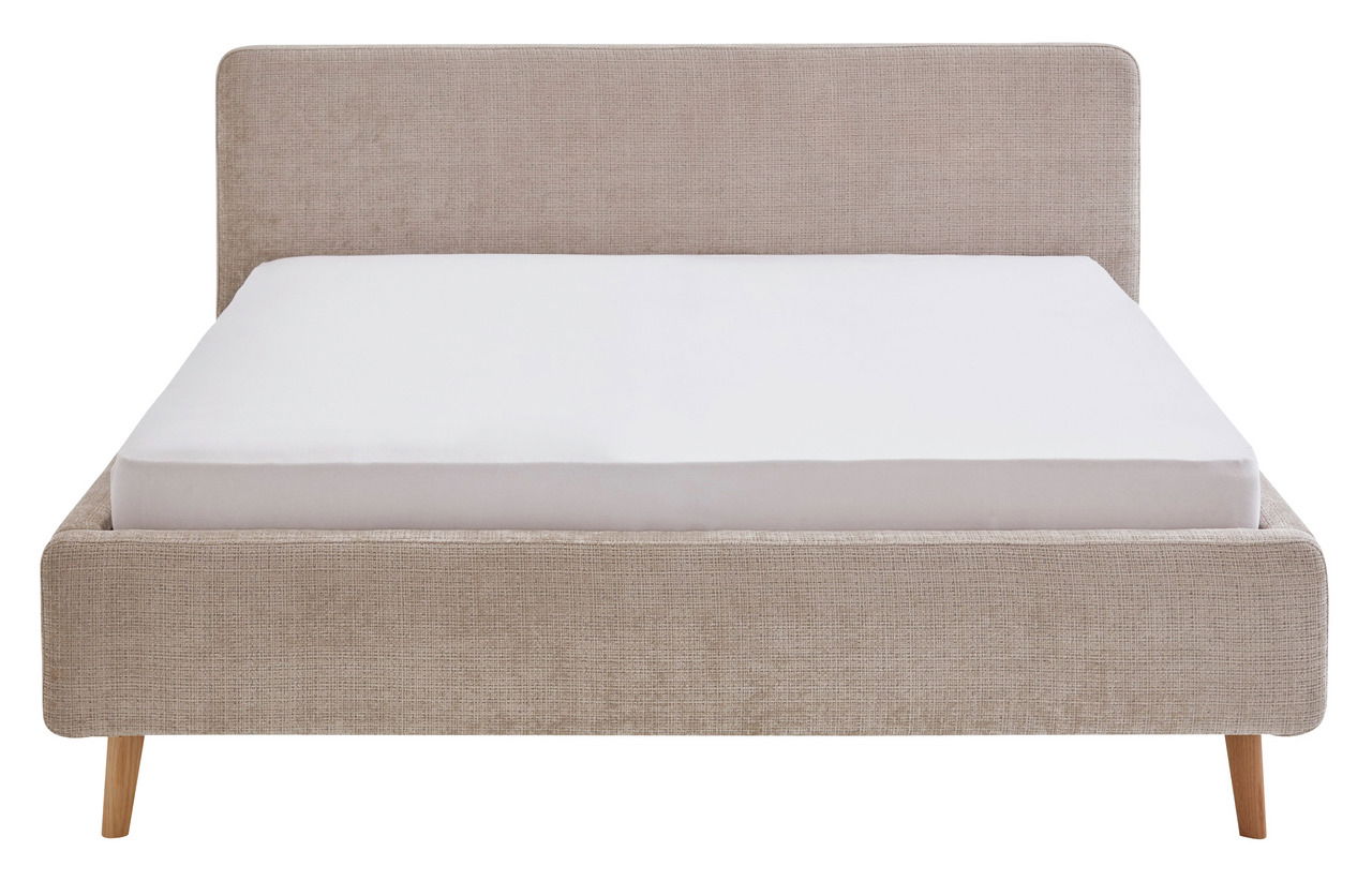 Frontale Ansicht eines Polsterbettgestells mit beigem Stoffbezug und Holzfüßen.