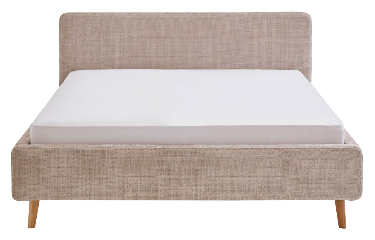 Frontale Ansicht eines Polsterbettgestells mit beigem Stoffbezug und Holzfüßen.