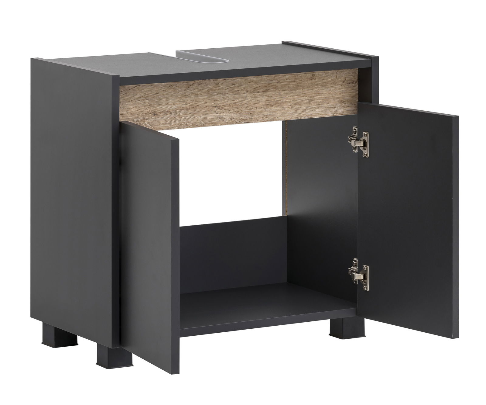 Waschbeckenunterschrank in dunklem Design mit zwei offenen Türen, seitliche Perspektive