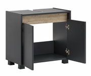 Waschbeckenunterschrank in dunklem Design mit zwei offenen Türen, seitliche Perspektive