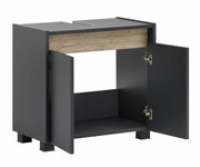 Waschbeckenunterschrank in dunklem Design mit zwei offenen Türen, seitliche Perspektive