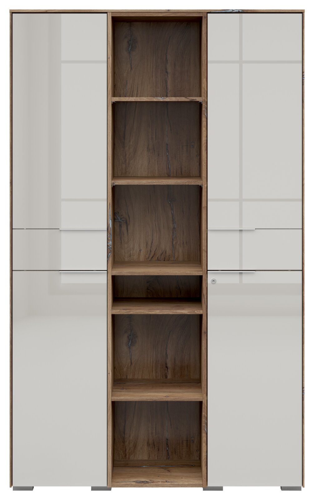 Frontansicht eines modernen Aktenschranks mit weißen Türen und offenen Holzregalen in der Mitte.