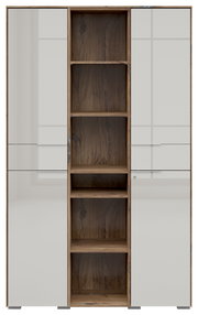 Frontansicht eines modernen Aktenschranks mit weißen Türen und offenen Holzregalen in der Mitte.