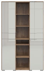 Frontansicht eines modernen Aktenschranks mit weißen Türen und offenen Holzregalen in der Mitte.