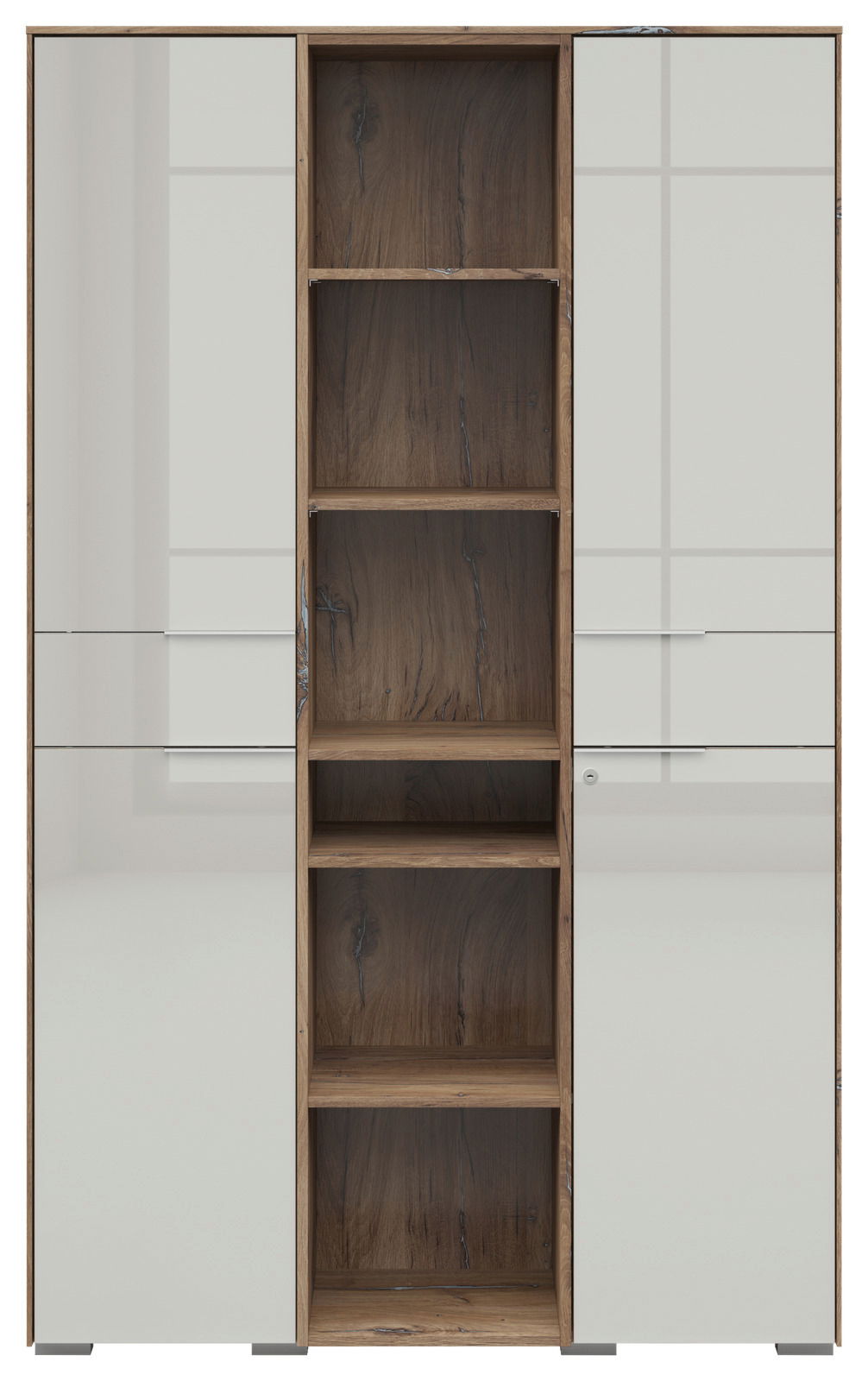 Frontansicht eines modernen Aktenschranks mit weißen Türen und offenen Holzregalen in der Mitte.