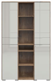 Frontansicht eines modernen Aktenschranks mit weißen Türen und offenen Holzregalen in der Mitte.