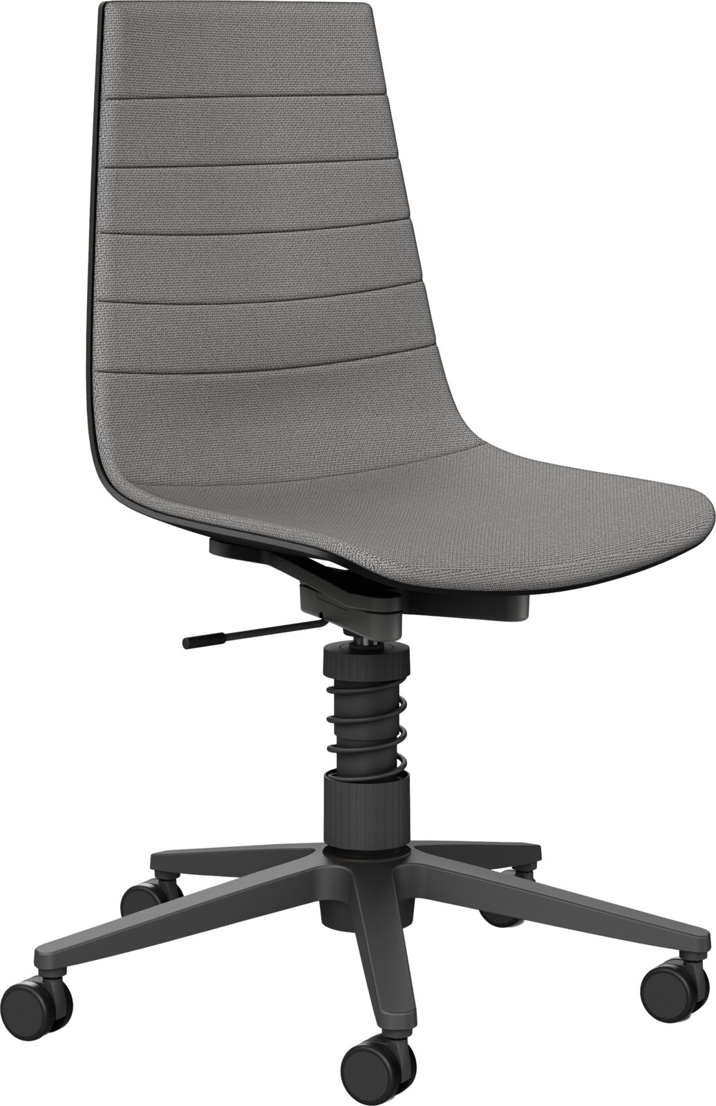 Grijze ergonomische bureaustoel met gestoffeerde zitting en hoge rugleuning, zwart onderstel met vijf wielen, zijaanzicht in lichte hoek van voren
