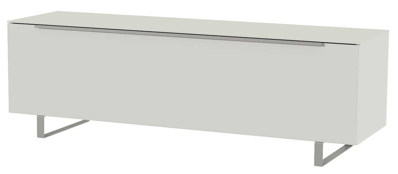 Modernes TV-Lowboard in Weiß mit Metallbeinen, seitliche Perspektive