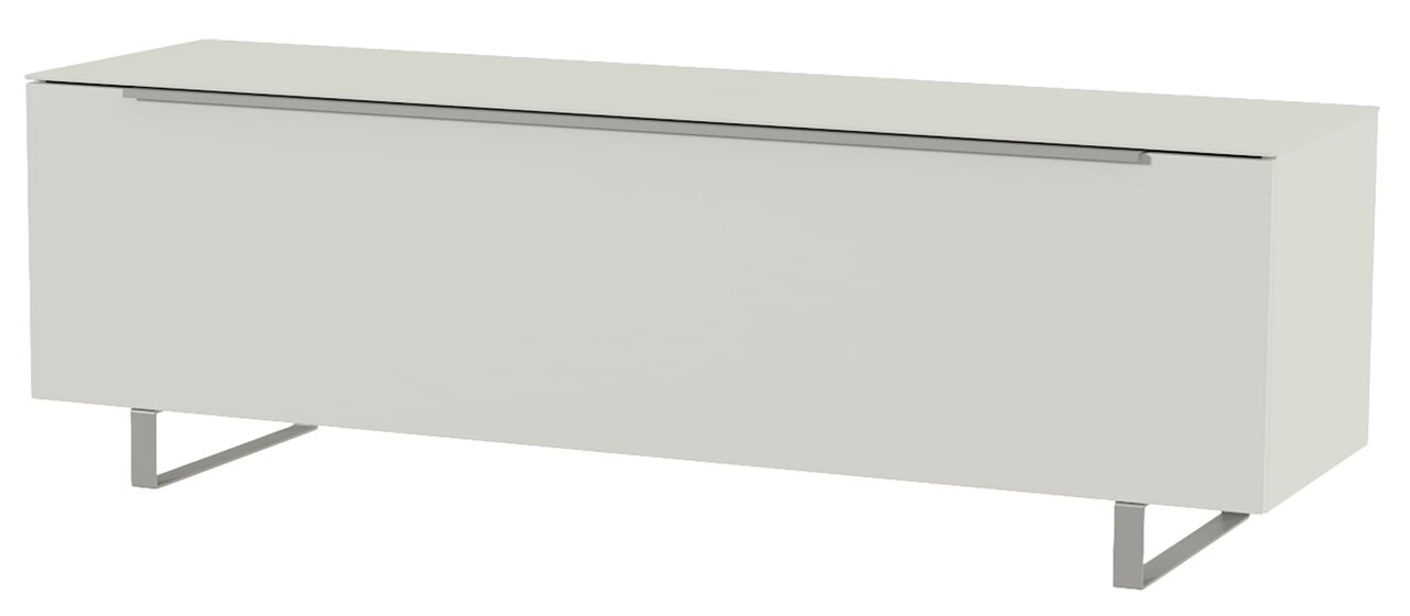 Modernes TV-Lowboard in Weiß mit Metallbeinen, seitliche Perspektive