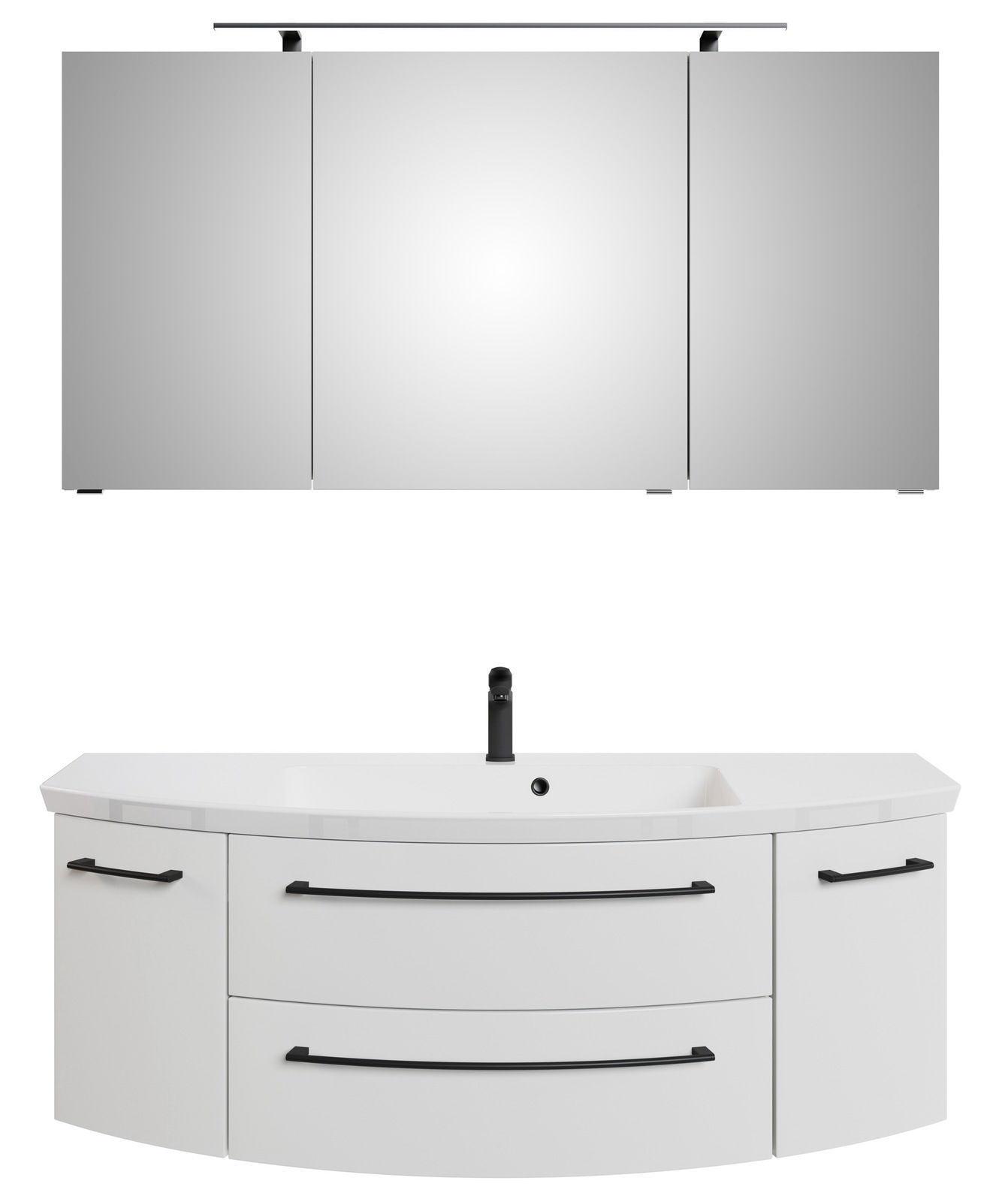 Frontale Ansicht einer dreiteiligen Badkombination mit Spiegelschrank und Waschbeckenunterschrank in modernem Design.