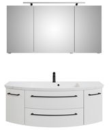 Frontale Ansicht einer dreiteiligen Badkombination mit Spiegelschrank und Waschbeckenunterschrank in modernem Design.