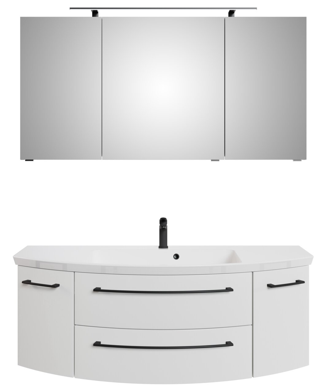 Sadena Badkamercombinatie, 3-delig PLAKA Vooraanzicht van een driedelige badkamermeubelcombinatie met spiegelkast en wastafelonderkast in een modern ontwerp.