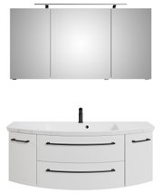 Frontale Ansicht einer dreiteiligen Badkombination mit Spiegelschrank und Waschbeckenunterschrank in modernem Design.