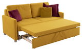 Gelbes Funktionssofa mit ausgezogener Liegefläche, zwei lila und einem gelben Kissen, seitliche Perspektive