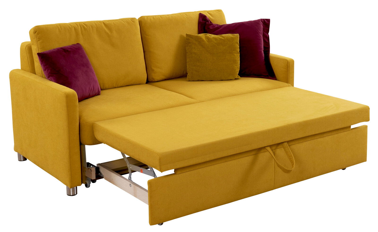 Gelbes Funktionssofa mit ausgezogener Liegefläche, zwei lila und einem gelben Kissen, seitliche Perspektive